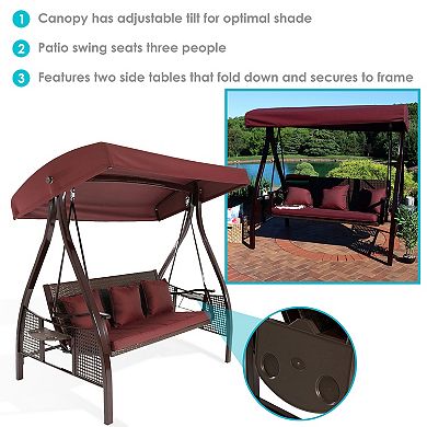 Sunnydaze 3-Person Steel Patio Swing Bench with Side Tables/Canopy - Maroon