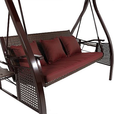 Sunnydaze 3-Person Steel Patio Swing Bench with Side Tables/Canopy - Maroon