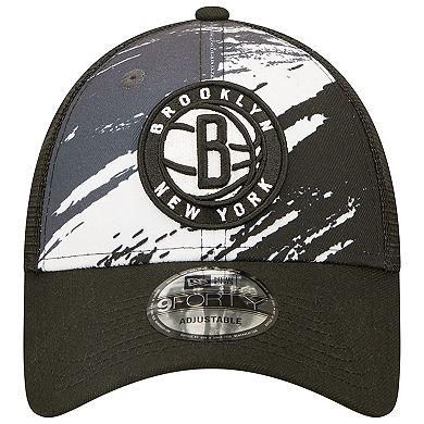 Men's New Era Black Brooklyn Nets Marble 9FORTY Trucker Snapback Hat
