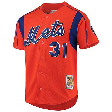 Men's Mitchell & Ness Mike Piazza Orange New York Mets Cooperstown Collection Mesh Batting Practice Button-Up Jersey
