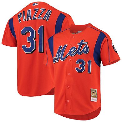Men's Mitchell & Ness Mike Piazza Orange New York Mets Cooperstown Collection Mesh Batting Practice Button-Up Jersey