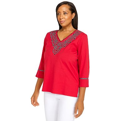 Women's Alfred Dunner Checking In Embroidered V-Neck Three Quarter Sleeve Top