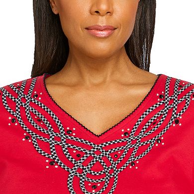 Women's Alfred Dunner Checking In Embroidered V-Neck Three Quarter Sleeve Top