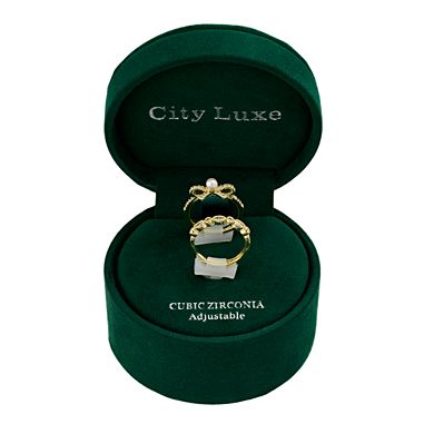 City Luxe Simulated Pearl Bow Ring & Marquise Cubic Zirconia Ring Duo Set