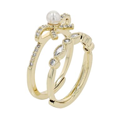 City Luxe Simulated Pearl Bow Ring & Marquise Cubic Zirconia Ring Duo Set