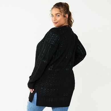 Juniors' Plus Size SO® Long Pointelle Solid Cardigan