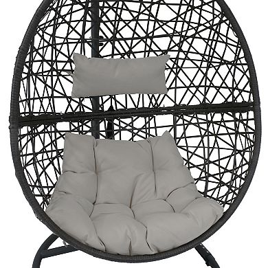 Sunnydaze Resin Wicker Hanging Egg Chair with Steel Stand/Cushions - Gray