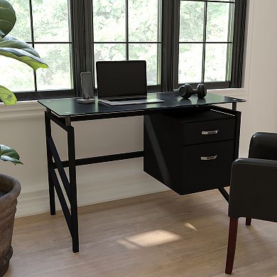 Flash Furniture Glass Desk with Two Drawer Pedestal