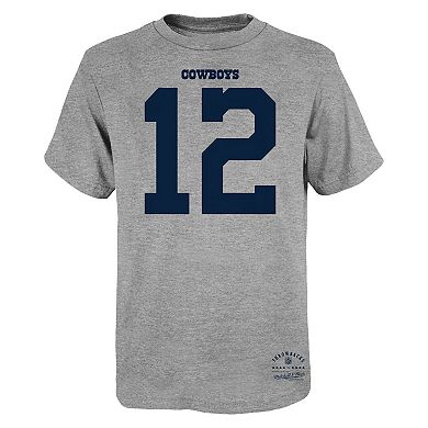 Youth Mitchell & Ness Roger Staubach Heathered Gray Dallas Cowboys Retired Retro Player Name & Number T-Shirt