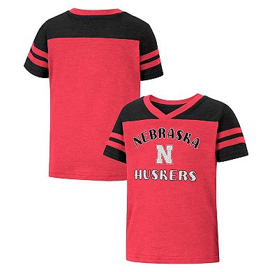 Girls Toddler Colosseum Scarlet Nebraska Huskers Piecrust Promise Striped V-Neck T-Shirt