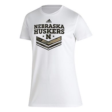 Women's adidas White Nebraska Huskers Military Appreciation AEROREADY T-Shirt