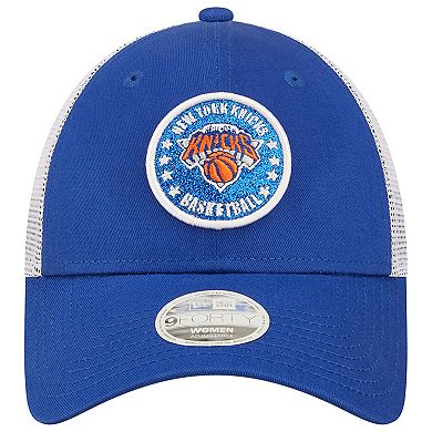Women's New Era Blue/White New York Knicks Glitter Patch 9FORTY Snapback Hat