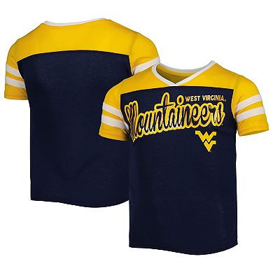 Girls Youth Colosseum Navy West Virginia Mountaineers Practically Perfect Striped T-Shirt