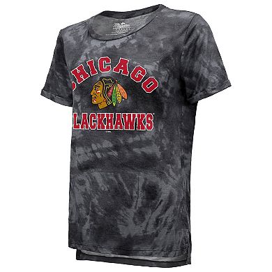 Women's Majestic Threads Black Chicago Blackhawks Boyfriend Tie-Dye Tri-Blend T-Shirt