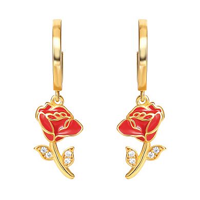 Disney's Beauty and the Beast 18k Gold Over Silver Cubic Zirconia Enameled Rose Huggie Drop Earrings