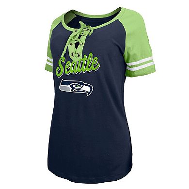 Women's New Era College Navy/Neon Green Seattle Seahawks Lightweight Lace-Up Raglan T-Shirt