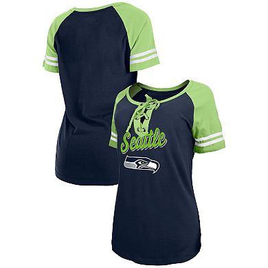 Women's New Era College Navy/Neon Green Seattle Seahawks Lightweight Lace-Up Raglan T-Shirt