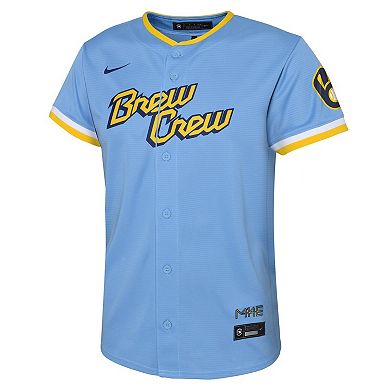 Youth Nike Lorenzo Cain Powder Blue Milwaukee Brewers 2022 City Connect Replica Player Jersey