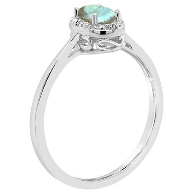 Celebration Gems Sterling Silver 6 mm x 4 mm Oval Labradorite and Diamond Accent Halo Ring
