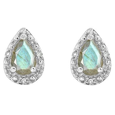 Celebration Gems Sterling Silver Pear Shaped Labradorite Diamond Accent Stud Earrings