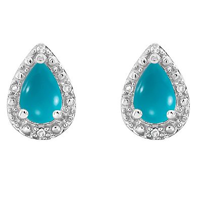 Celebration Gems Sterling Silver Pear Shaped Stabilized Turquoise Diamond Accent Stud Earrings