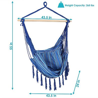 Sunnydaze Polyester Hammock Chair with Cushions and Fringe - Blue Stripes