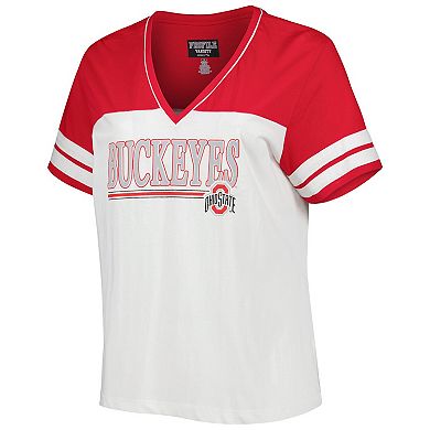 Women's White/Scarlet Ohio State Buckeyes Plus Size Field Game Glitter T-Shirt