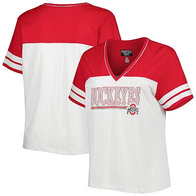 Women's White/Scarlet Ohio State Buckeyes Plus Size Field Game Glitter T-Shirt