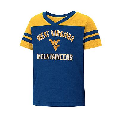 Girls Toddler Colosseum Navy/Gold West Virginia Mountaineers Piecrust Promise Striped V-Neck T-Shirt