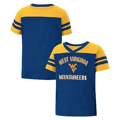 Girls Toddler Colosseum Navy/Gold West Virginia Mountaineers Piecrust Promise Striped V-Neck T-Shirt