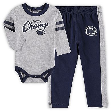 Newborn & Infant Heathered Gray/Navy Penn State Nittany Lions Little Kicker Long Sleeve Bodysuit & Sweatpants Set