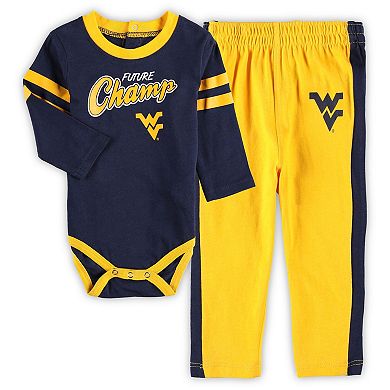 Newborn & Infant Navy/Gold West Virginia Mountaineers Little Kicker Long Sleeve Bodysuit & Sweatpants Set