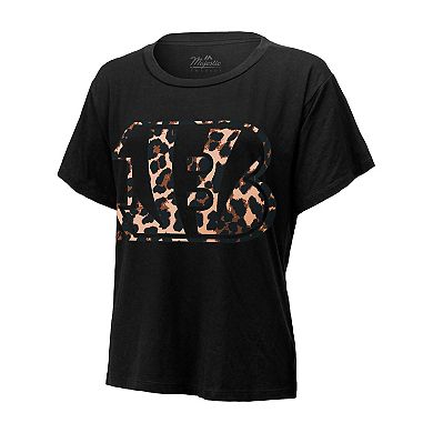 Women's Majestic Threads Joe Burrow Black Cincinnati Bengals Leopard Player Name & Number T-Shirt