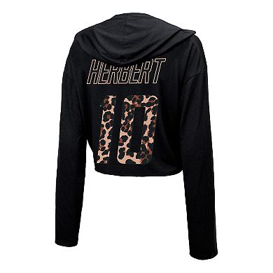Women's Majestic Threads Justin Herbert Black Los Angeles Chargers Leopard Player Name & Number Long Sleeve Cropped Hoodie