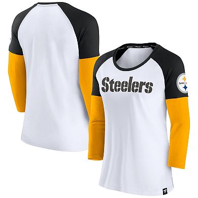 Women's Fanatics Branded White/Black Pittsburgh Steelers Durable Raglan 3/4-Sleeve T-Shirt