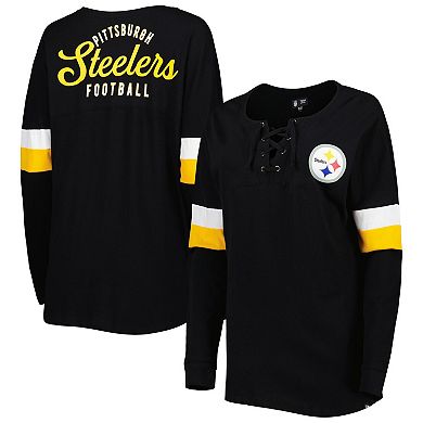 Women's New Era Black Pittsburgh Steelers Athletic Varsity Lace-Up Long Sleeve T-Shirt