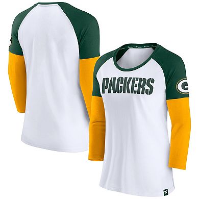 Women's Fanatics Branded White/Green Green Bay Packers Durable Raglan 3/4-Sleeve T-Shirt