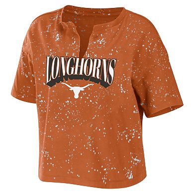 Women's WEAR by Erin Andrews Texas Orange Texas Longhorns Bleach Wash Splatter Notch Neck T-Shirt