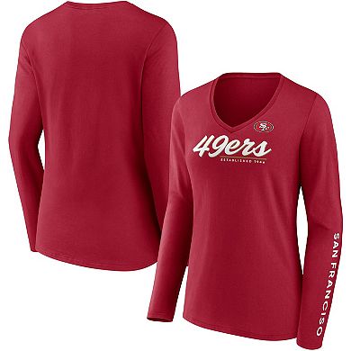 Women's Fanatics Branded Scarlet San Francisco 49ers Drive Forward V-Neck Long Sleeve T-Shirt