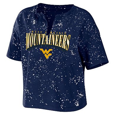 Women's WEAR by Erin Andrews Navy West Virginia Mountaineers Bleach Wash Splatter Notch Neck T-Shirt