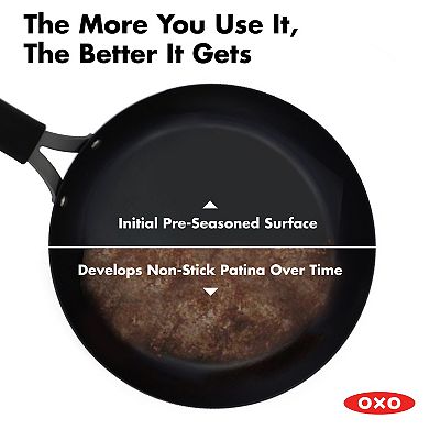 OXO Obsidian Pre-Seasoned Carbon Steel 12-in. Induction Frypan with Removable Silicone Handle Holder