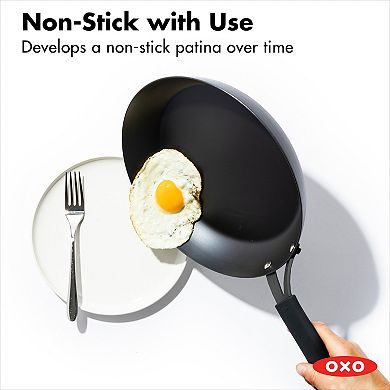 OXO Obsidian Pre-Seasoned Carbon Steel 12-in. Induction Frypan with Removable Silicone Handle Holder