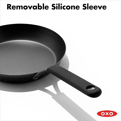 OXO Obsidian Pre-Seasoned Carbon Steel 12-in. Induction Frypan with Removable Silicone Handle Holder