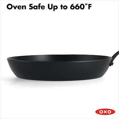 OXO Obsidian Pre-Seasoned Carbon Steel 12-in. Induction Frypan with Removable Silicone Handle Holder