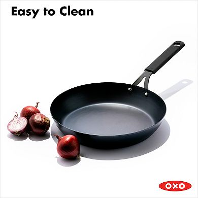 OXO Obsidian Pre-Seasoned Carbon Steel 12-in. Induction Frypan with Removable Silicone Handle Holder