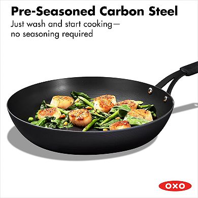 OXO Obsidian Pre-Seasoned Carbon Steel 12-in. Induction Frypan with Removable Silicone Handle Holder