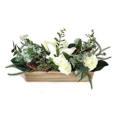 National Tree Company Mixed Greens White Flowers Christmas Artificial Arrangement Table Decor