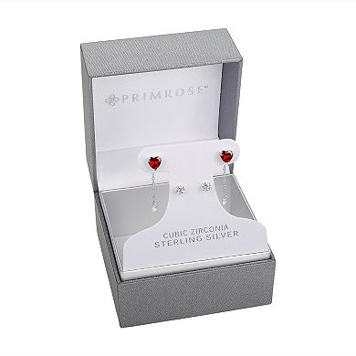 PRIMROSE Sterling Silver Red Cubic Zirconia Heart Drop & Cubic Zirconia Stud Earring Duo Set