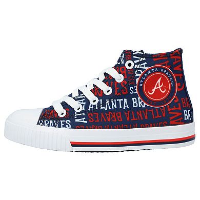 Youth FOCO Navy Atlanta Braves Repeat Wordmark High Top Canvas Allover Sneakers