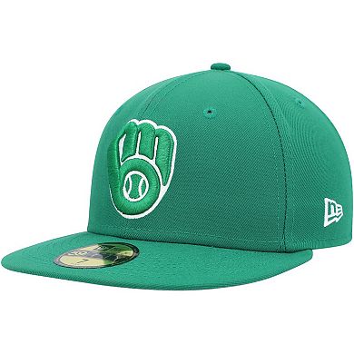 Men's New Era Kelly Green Milwaukee Brewers Logo White 59FIFTY Fitted Hat